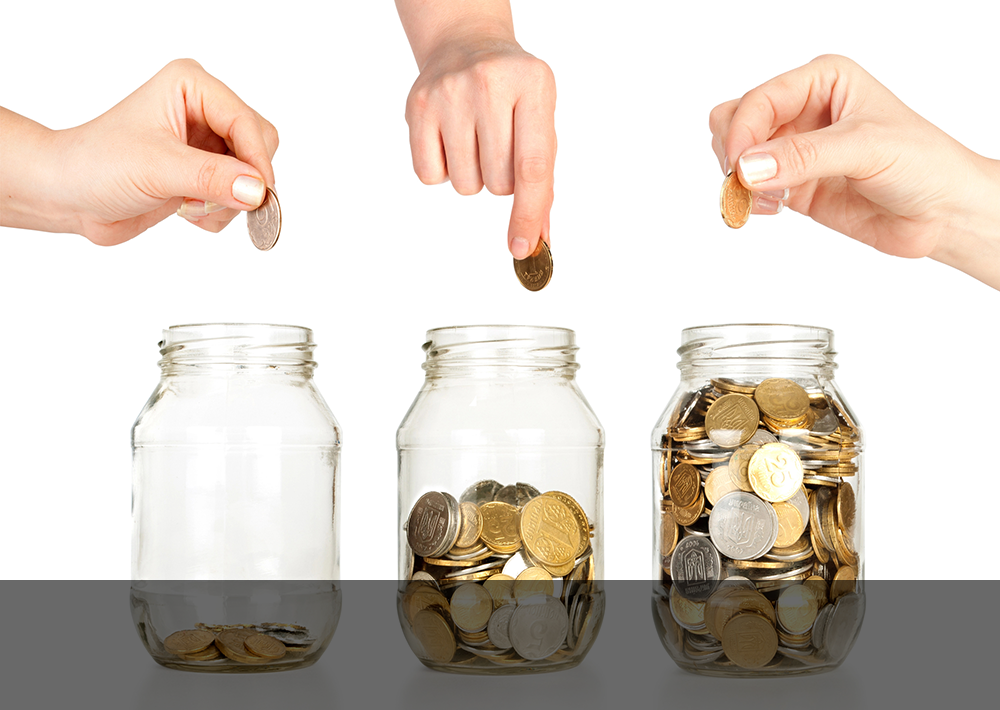 Different hands putting coins into jars.
