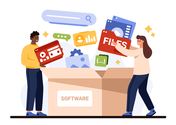 Image of people putting various components of a software product into a box labelled software.